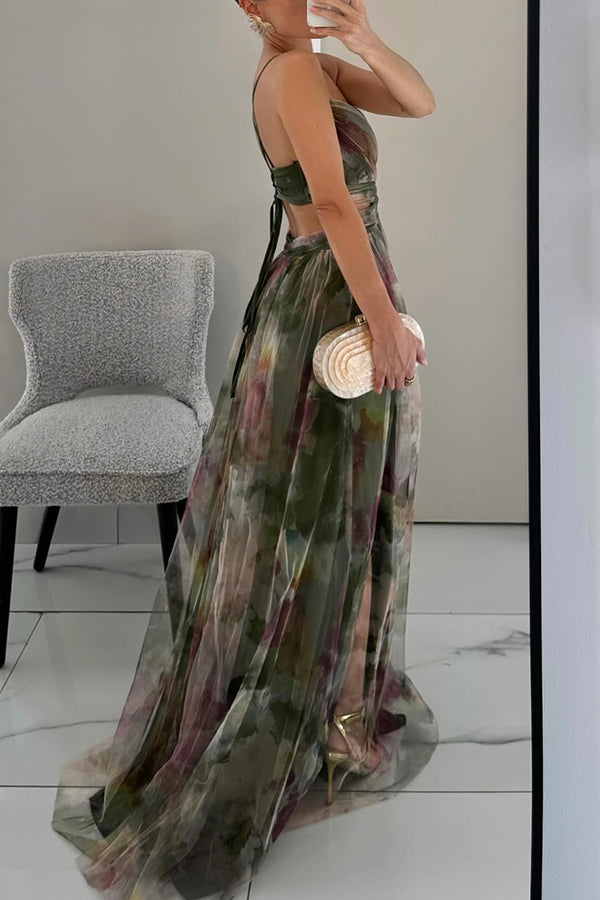 Women floral maxi dress open back with crossover front and thin straps