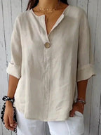 Women's lightweight V-neck blouse loose fit summer top with button detail