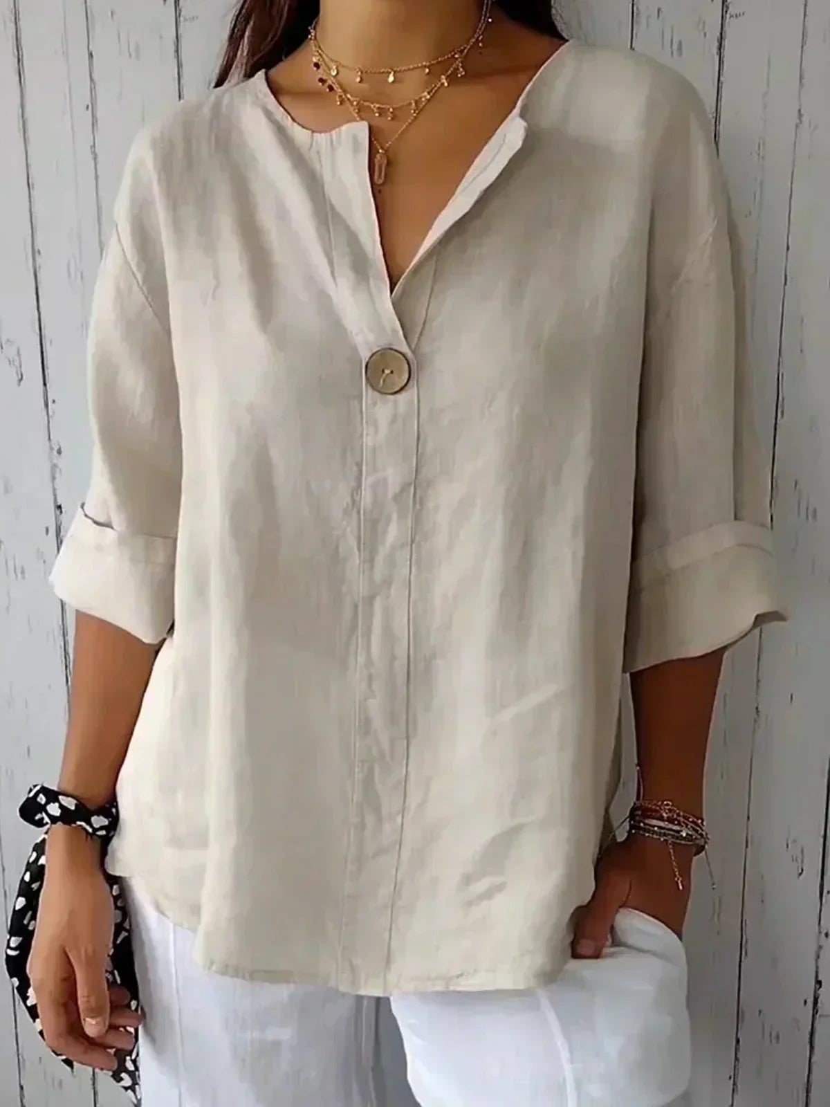 Women's lightweight V-neck blouse loose fit summer top with button detail