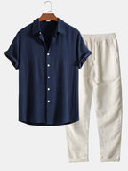 Men's summer outfit set lightweight linen shirt and trousers relaxed fit
