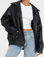 Women's oversized PU leather jacket in brown and black, relaxed fit streetwear style