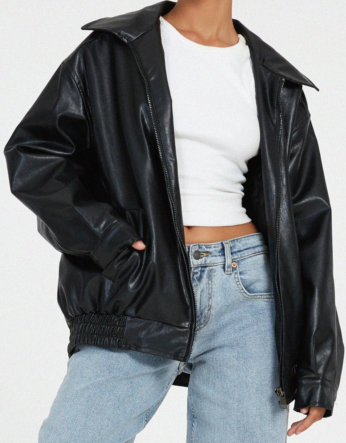 Women's oversized PU leather jacket in brown and black, relaxed fit streetwear style