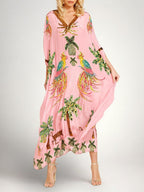 Tropical print dress drop shoulder coconut tree print loose fit vacation resort wear
