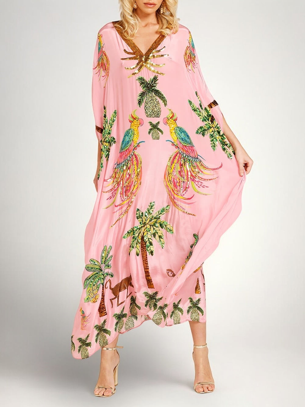Tropical print dress drop shoulder coconut tree print loose fit vacation resort wear