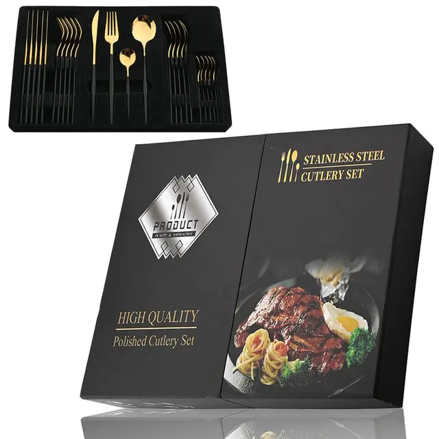 Cutlery set 24 piece stainless steel with gold accent, black white and rose handles
