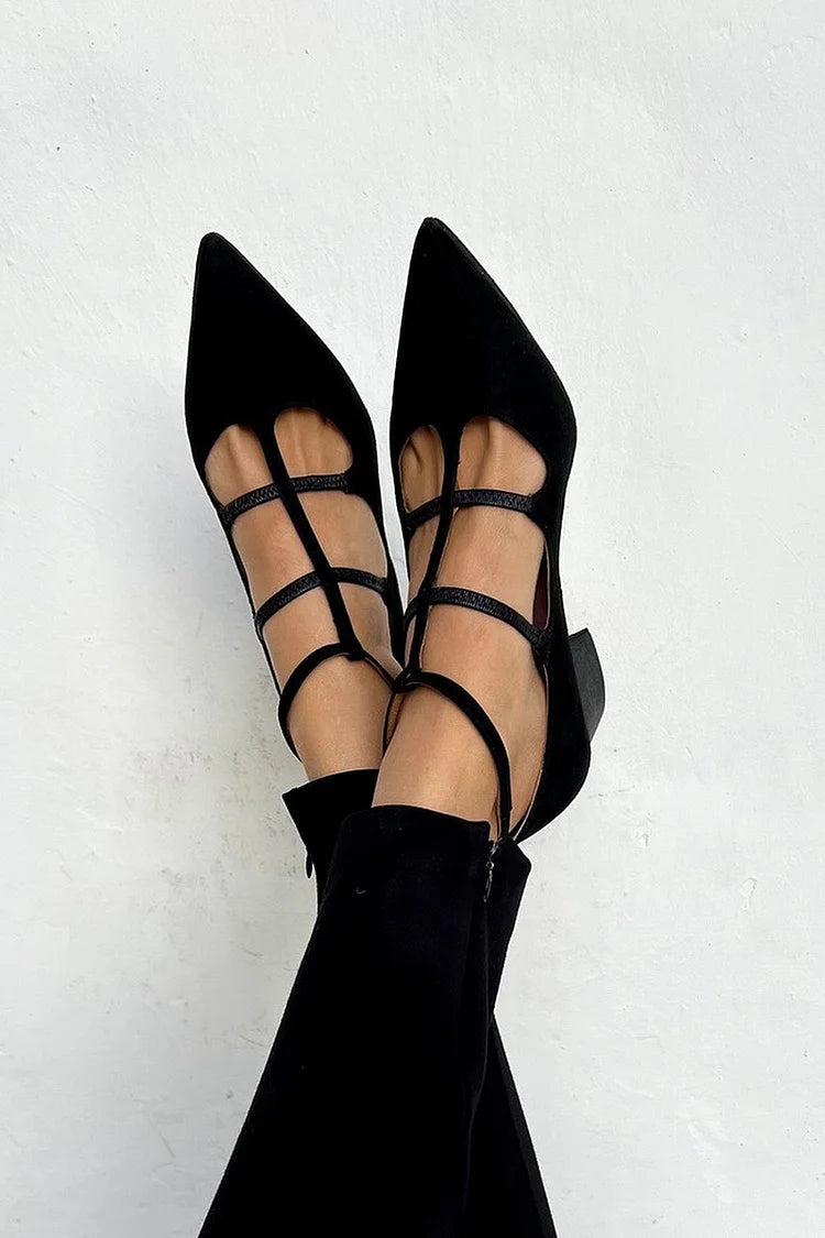 Women pointed toe block heel multi-strap closed toe heels in black