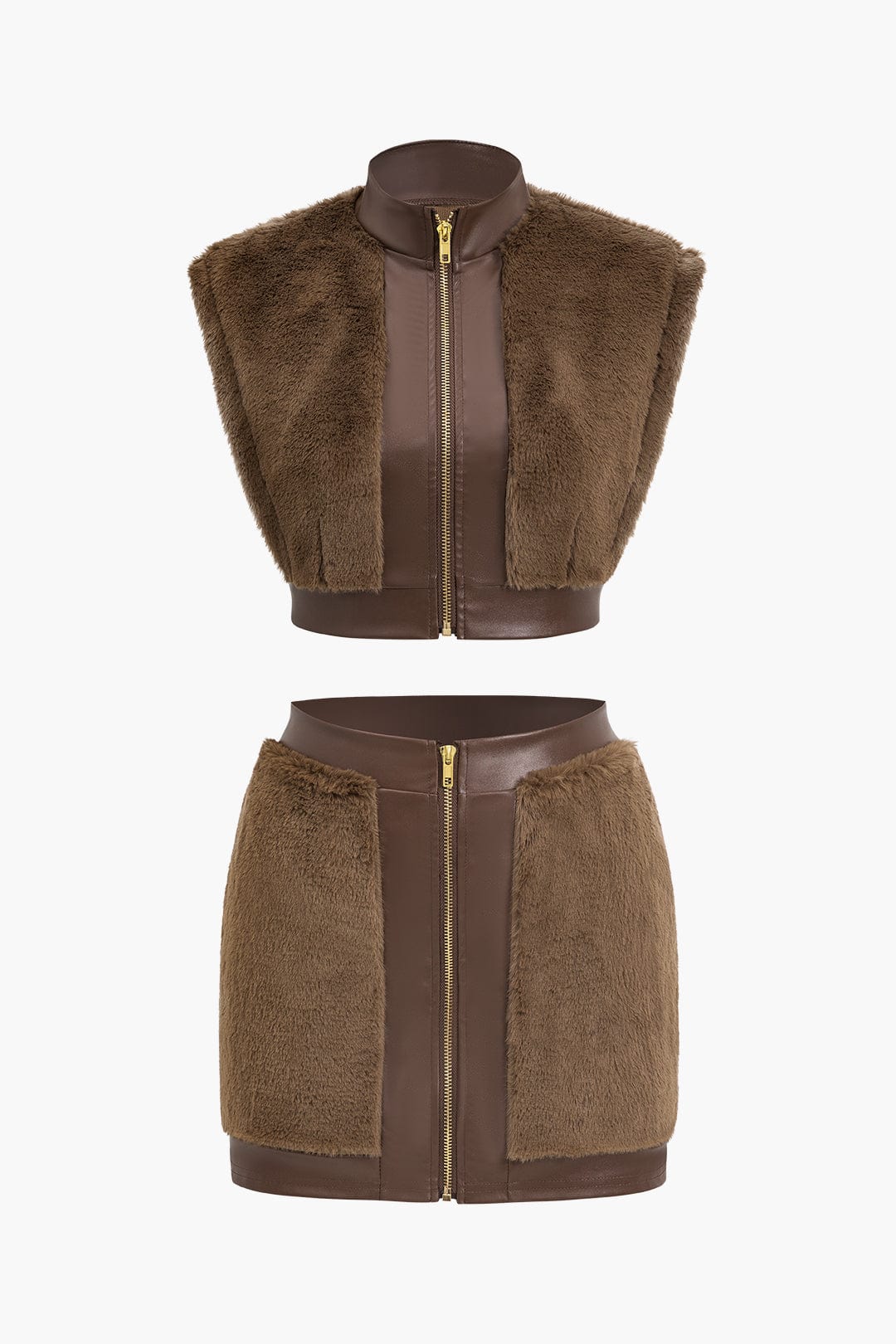 Faux leather co-ord set women's sleeveless top and mini skirt with faux fur trim