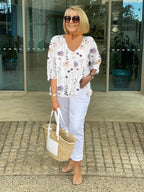 Women floral blouse V-neck three-quarter sleeves relaxed loose fit