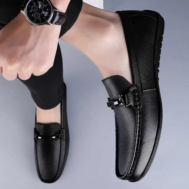 Men genuine leather loafers with metallic rope accent and cushioned insole
