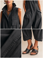 Women wide leg jumpsuit button down collar with pockets in black khaki olive