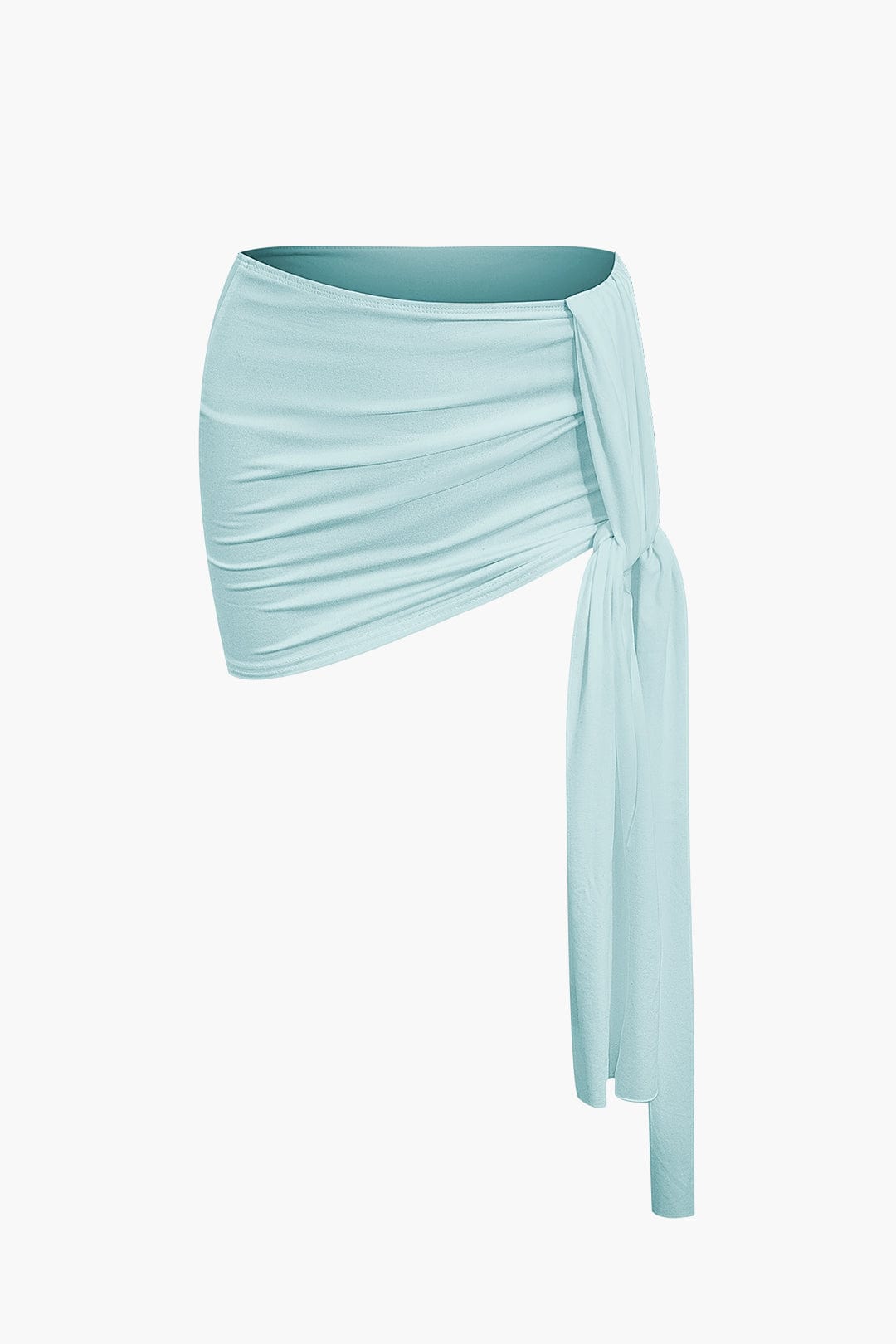 Women's two-piece set with one-shoulder top and draped mini skirt, asymmetric knot detail