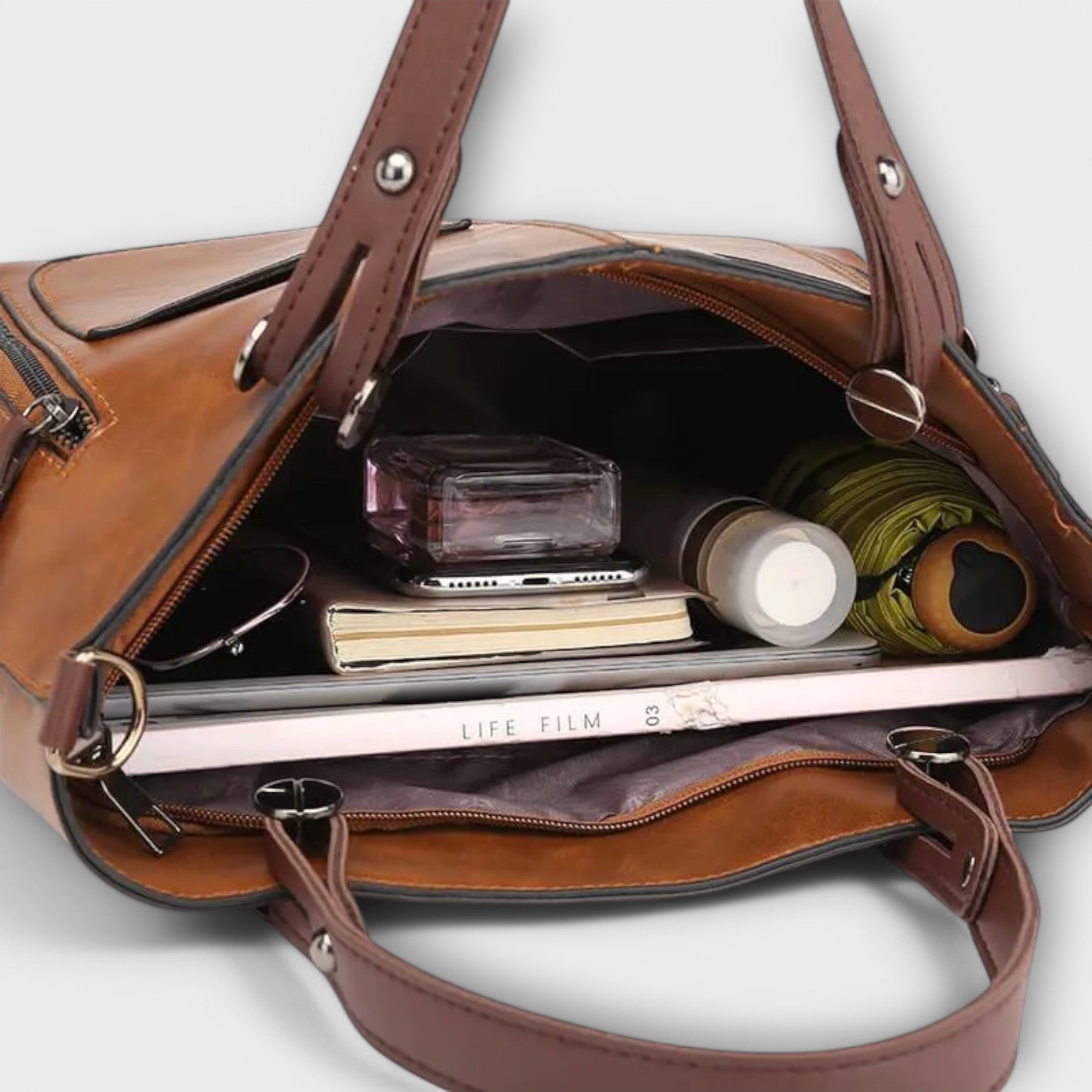 Women leather tote bag spacious in brown black and gray