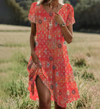 Women orange midi dress round neck short sleeve lightweight breathable