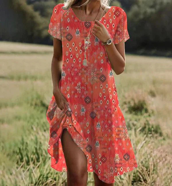 Women orange midi dress round neck short sleeve lightweight breathable