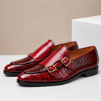 Men's leather loafers with double monk strap buckles and almond toe, crocodile-embossed finish