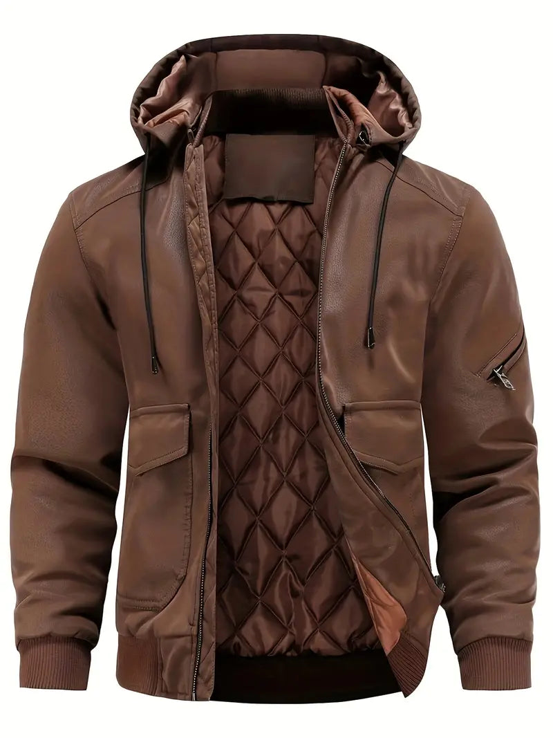 Men quilted hooded bomber jacket in brown and black with ribbed cuffs