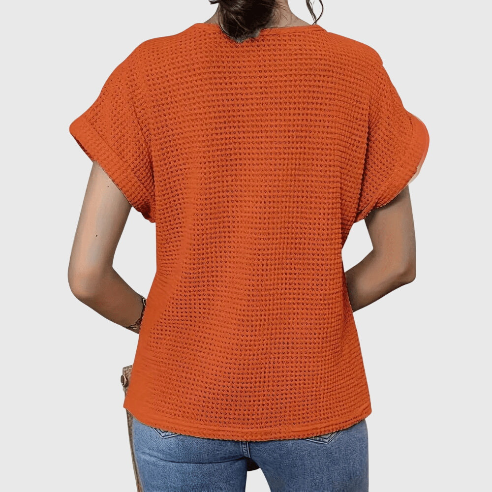 Women's openwork blouse short sleeve round neck loose fit, decorative perforated knit
