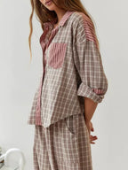Women's two-piece soft cotton stretch pajama set in pink and blue, relaxed lounge fit