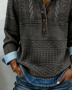Women half button collar sweatshirt with textured knit panels and denim-effect cuffs