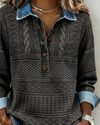 Women half button collar sweatshirt with textured knit panels and denim-effect cuffs