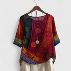 Women boho patchwork print top relaxed fit with decorative buttons