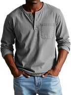 Men's long sleeve henley shirt, casual relaxed fit, available in multiple colors