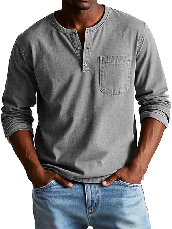 Men's long sleeve henley shirt, casual relaxed fit, available in multiple colors