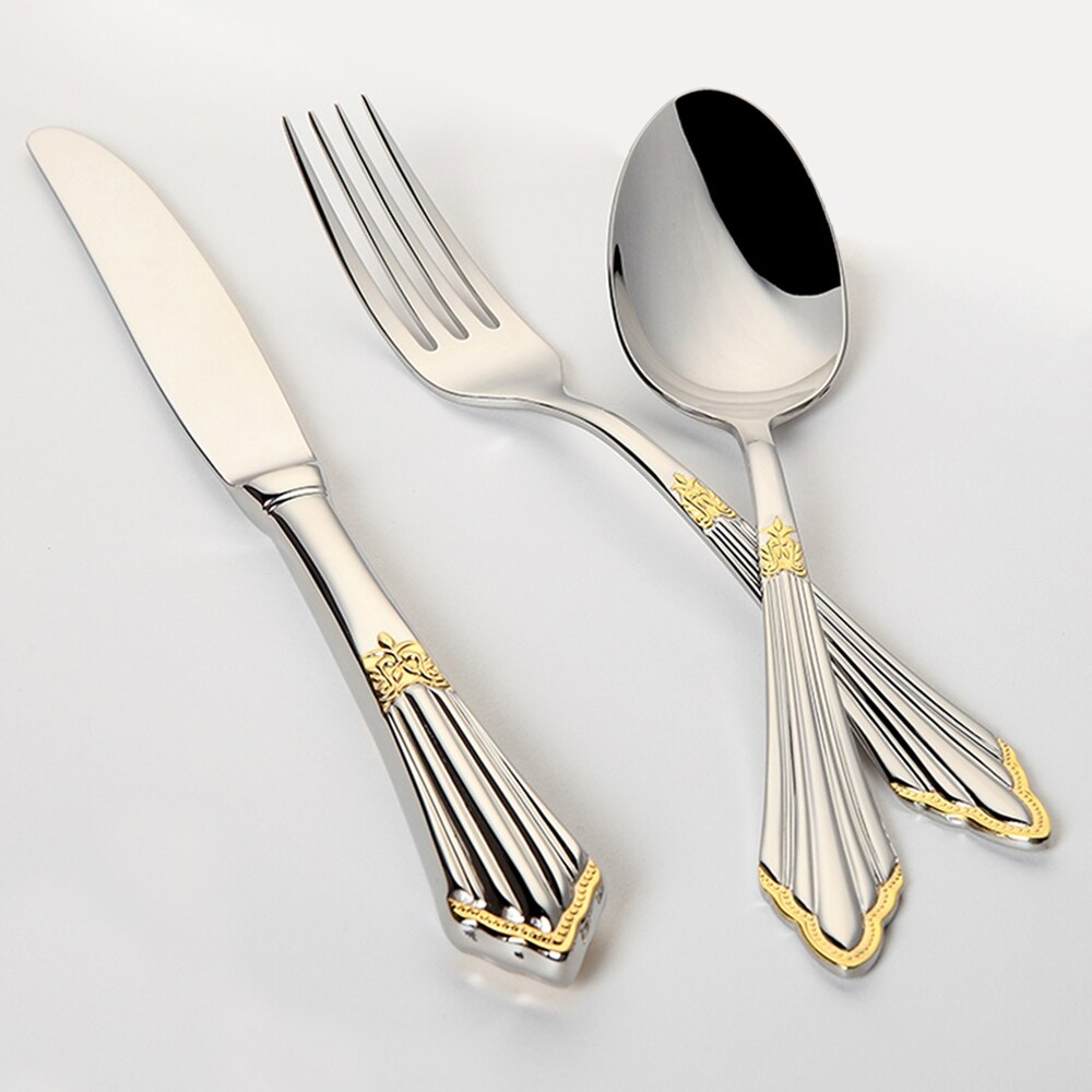 Gold finish stainless steel cutlery set, 24 or 48 piece with engraved pattern