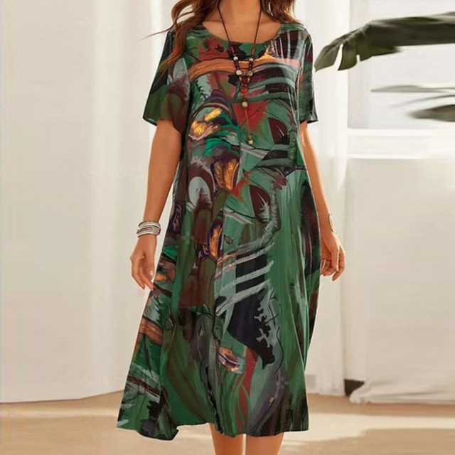 Women's short sleeve midi dress, loose fit mid-calf length casual summer dress