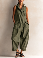 Women wide leg jumpsuit button down collar with pockets in black khaki olive