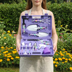 10-piece gardening tool set with hard carry case and ergonomic floral-pattern handles