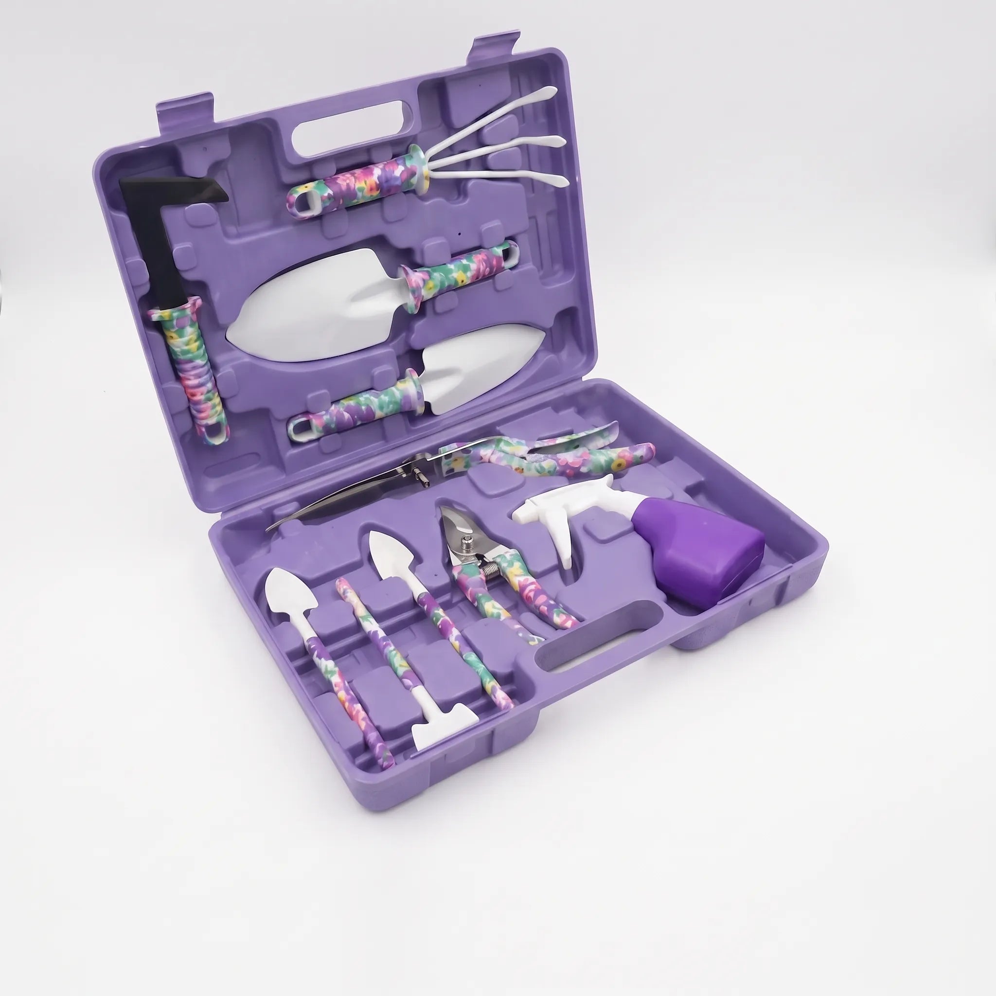 10-piece gardening tool set with hard carry case and ergonomic floral-pattern handles