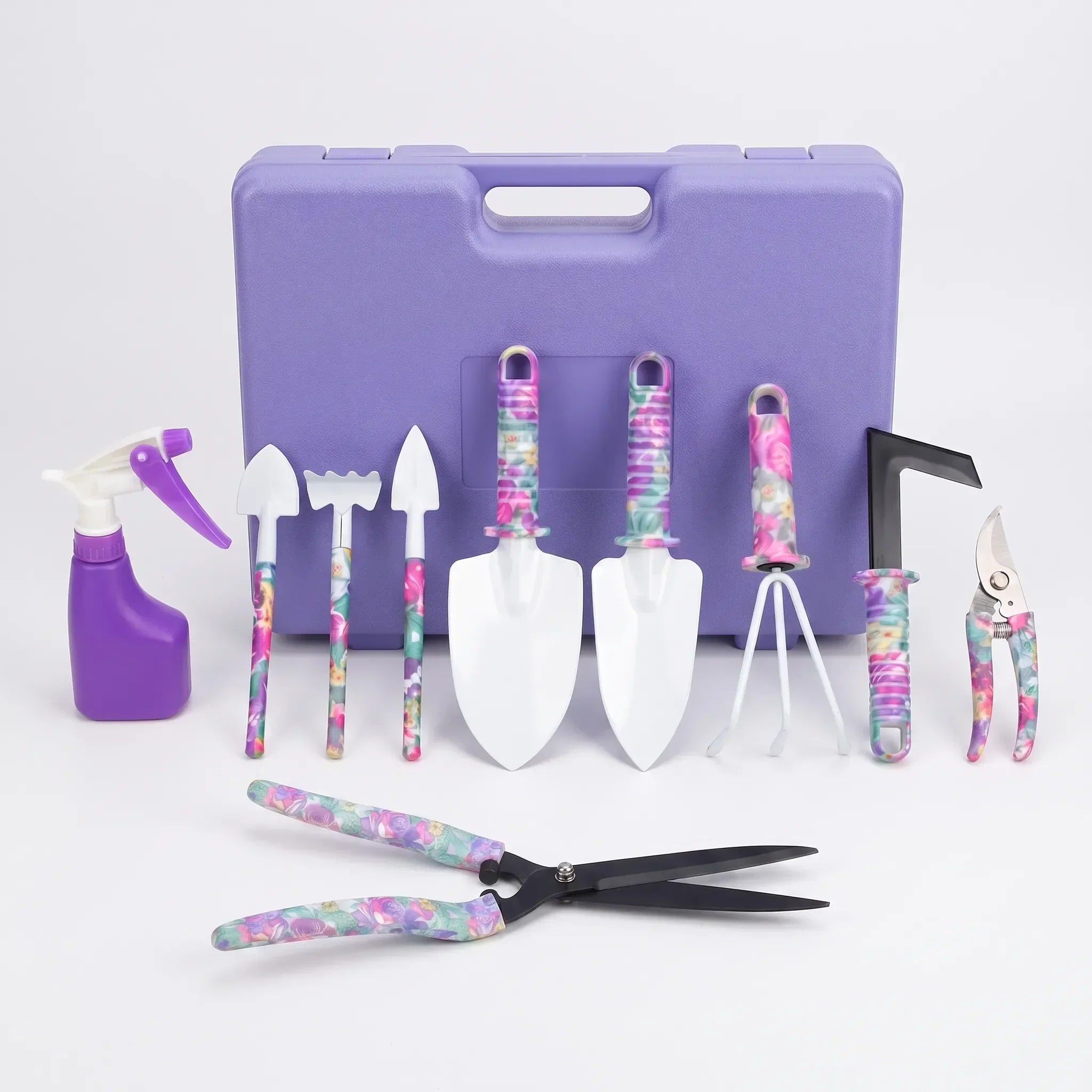 10-piece gardening tool set with hard carry case and ergonomic floral-pattern handles