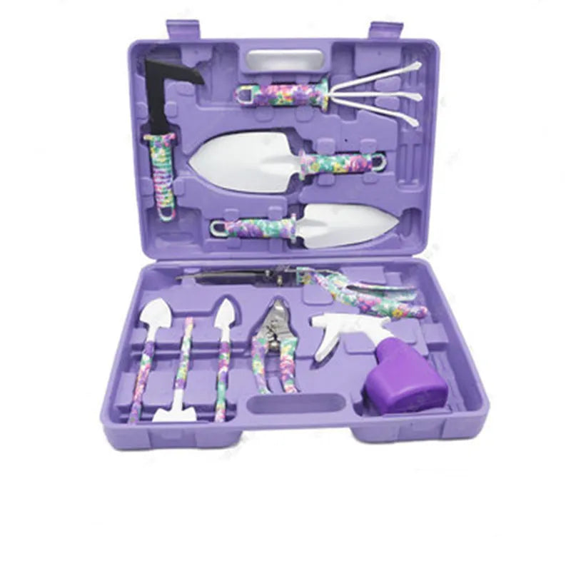 10-piece gardening tool set with hard carry case and ergonomic floral-pattern handles