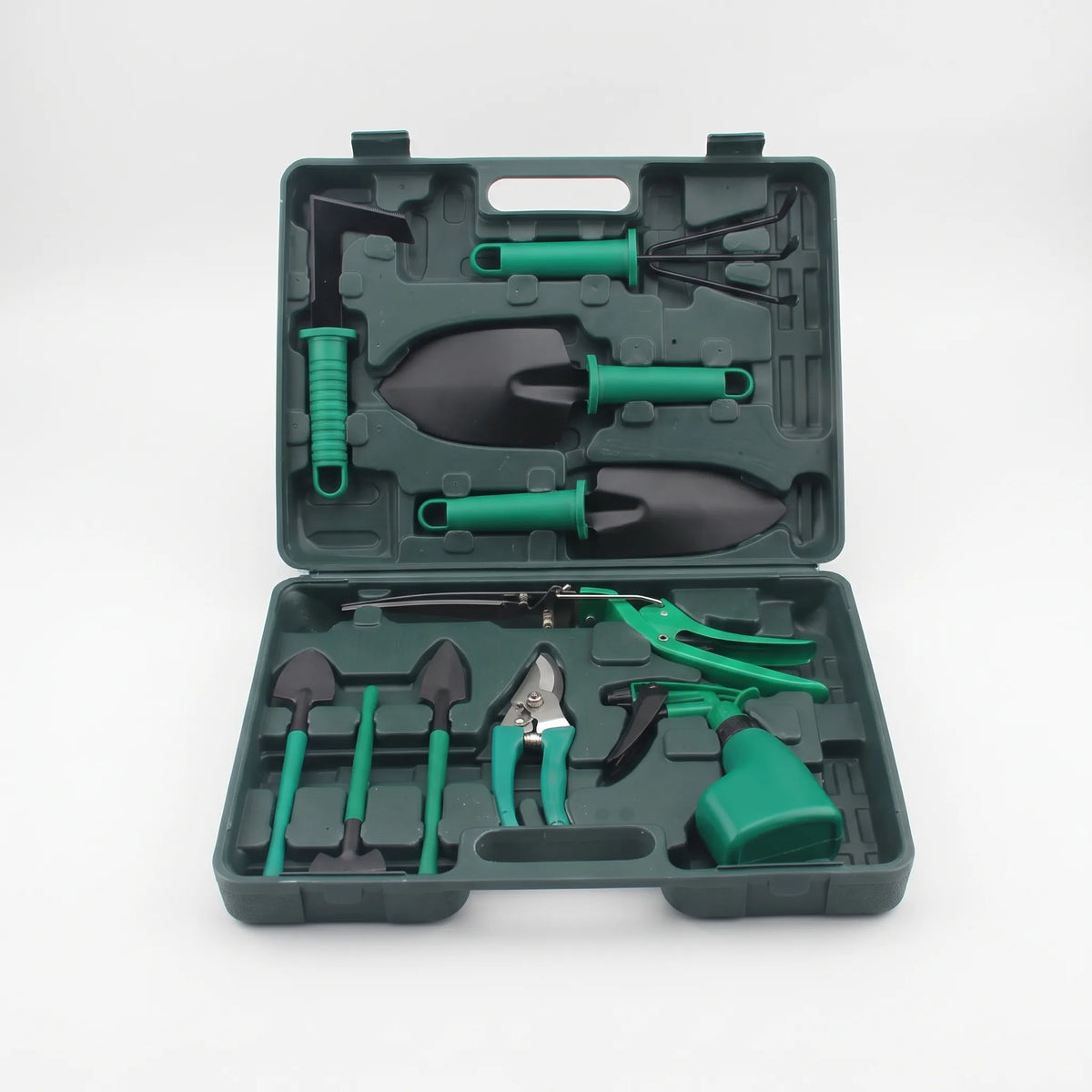 10-piece gardening tool set with hard carry case and ergonomic floral-pattern handles