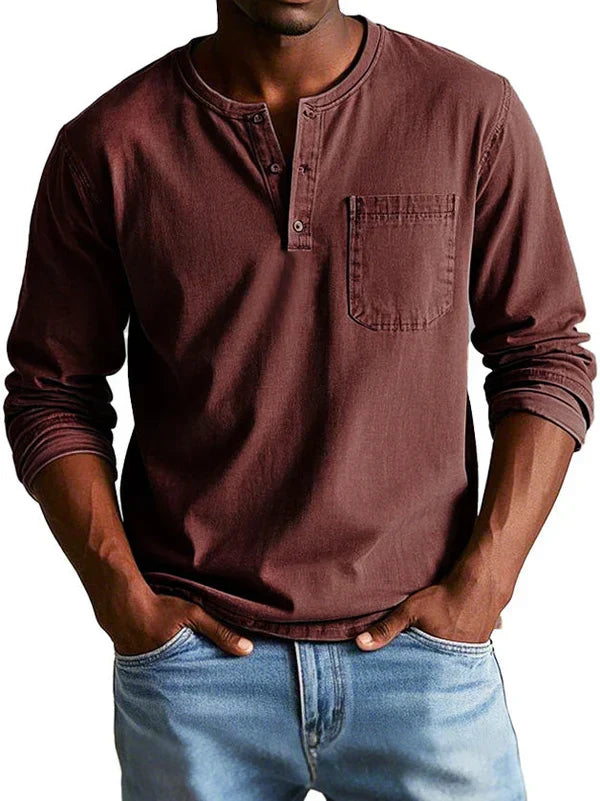 Men's long sleeve henley shirt, casual relaxed fit, available in multiple colors