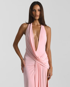 Halter neck backless maxi dress with high side slit, flowing silhouette for evening events