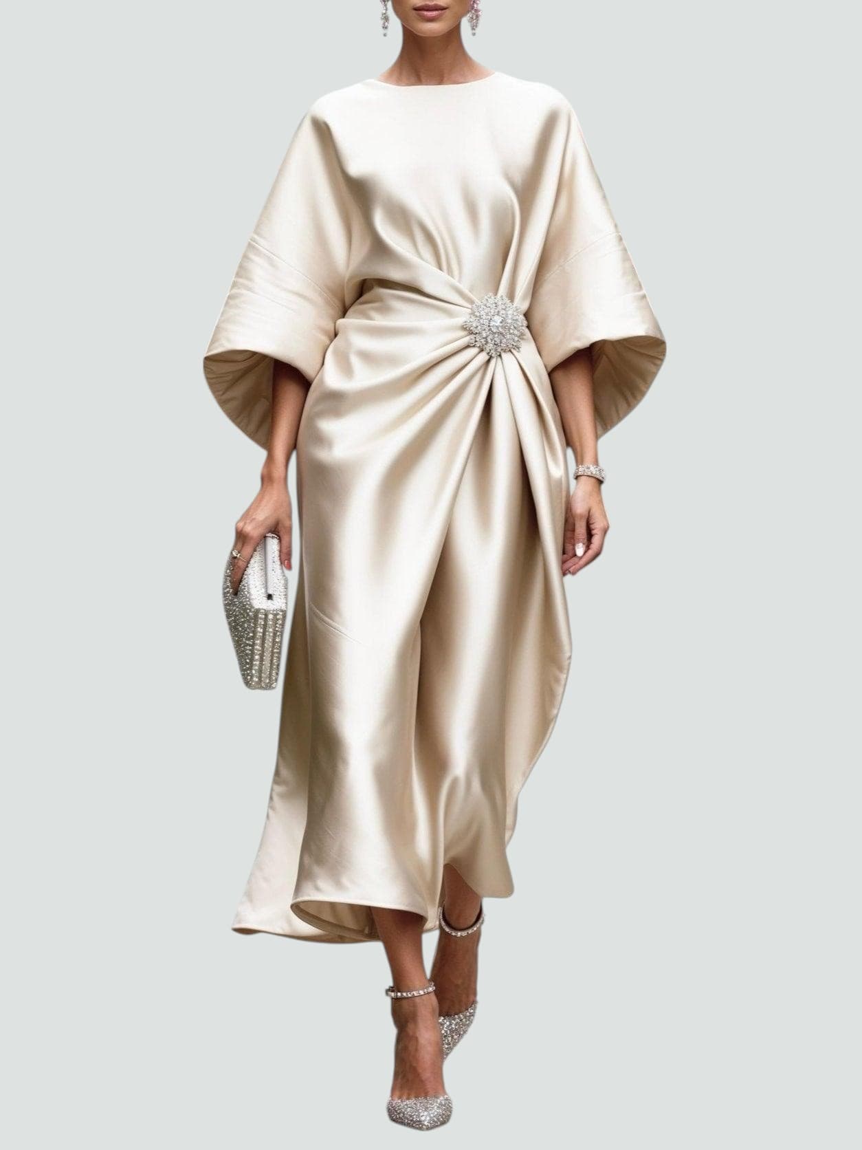 Women's maxi dress with boat neck and midi sleeves, formal occasion