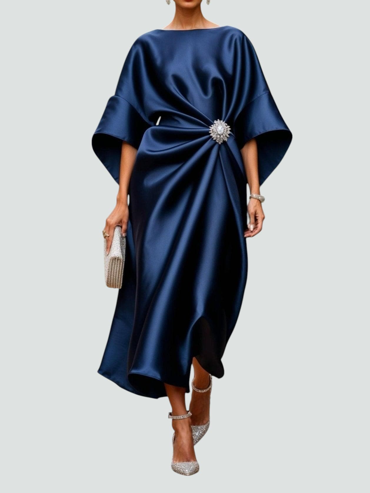 Women's maxi dress with boat neck and midi sleeves, formal occasion