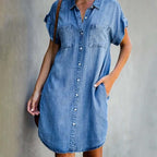 Women's denim midi dress casual everyday wear, light blue grey dark blue
