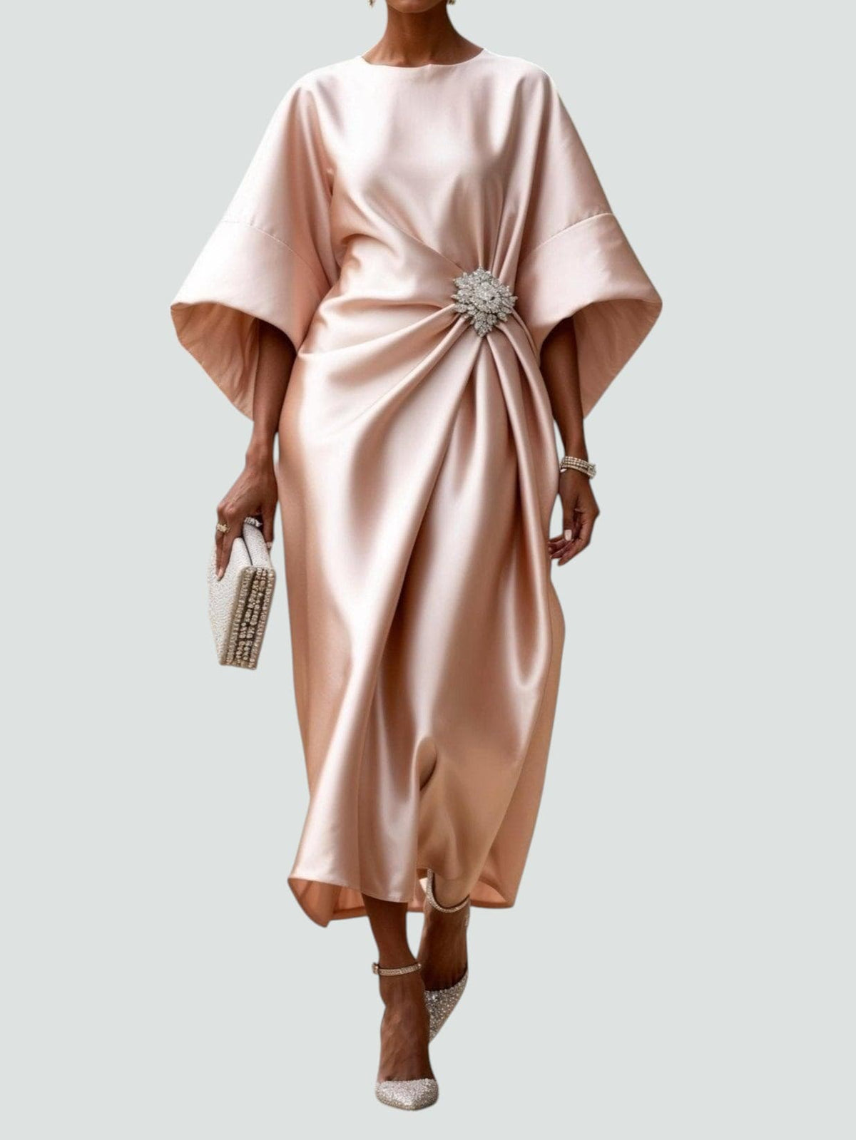 Women's maxi dress with boat neck and midi sleeves, formal occasion