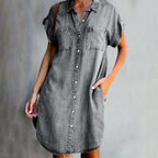 Women's denim midi dress casual everyday wear, light blue grey dark blue