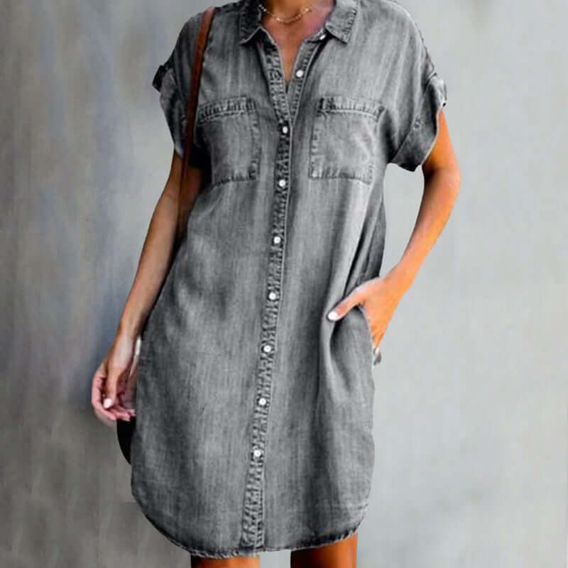 Women's denim midi dress casual everyday wear, light blue grey dark blue
