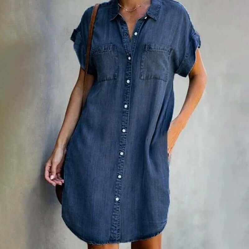 Women's denim midi dress casual everyday wear, light blue grey dark blue