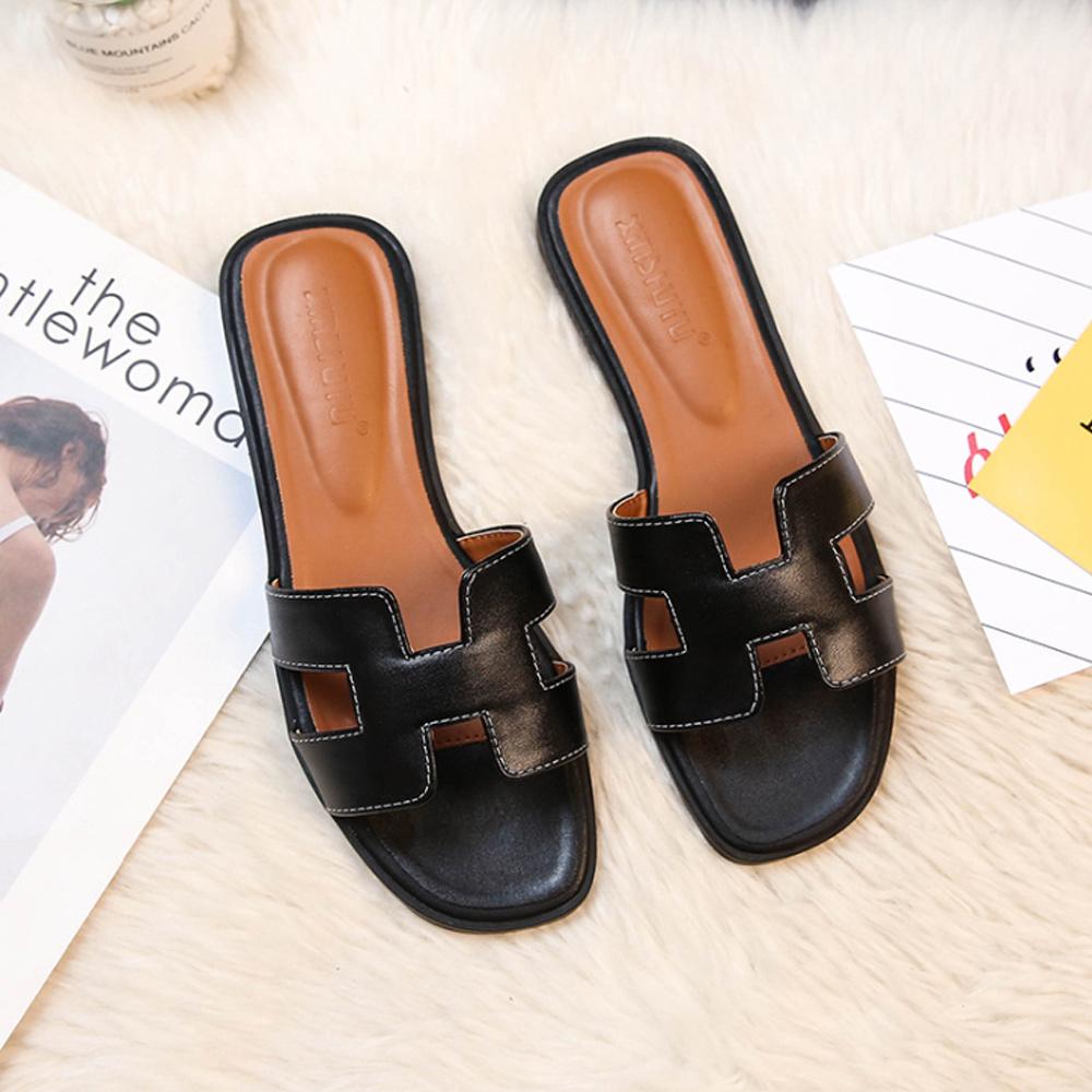 Heeled Sandals Women Genuine Leather Low Heel H Strap Slip On