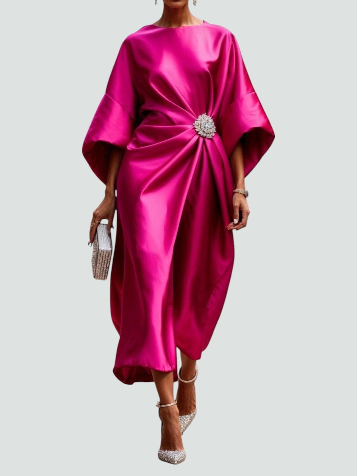 Women's maxi dress with boat neck and midi sleeves, formal occasion
