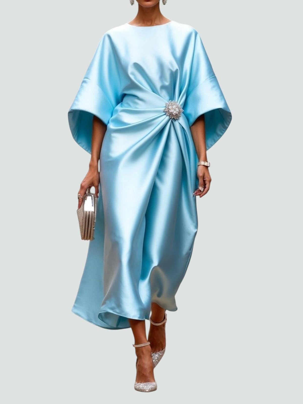 Women's maxi dress with boat neck and midi sleeves, formal occasion
