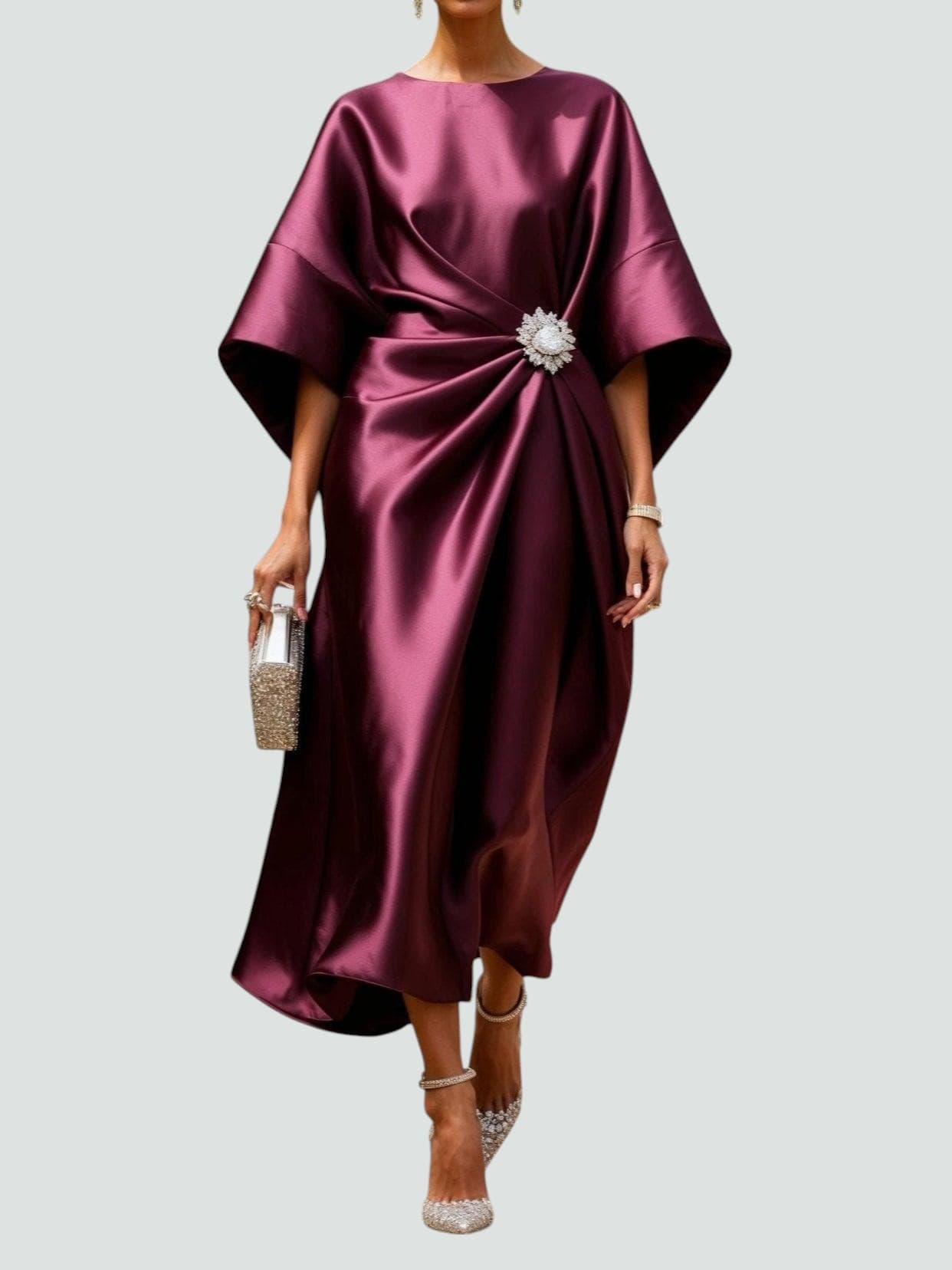 Women's maxi dress with boat neck and midi sleeves, formal occasion