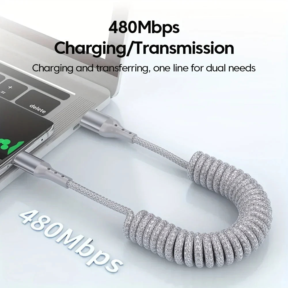 USB-C spring charging cable 100W fast charge tangle-free coiled design buy 1 get 1 free