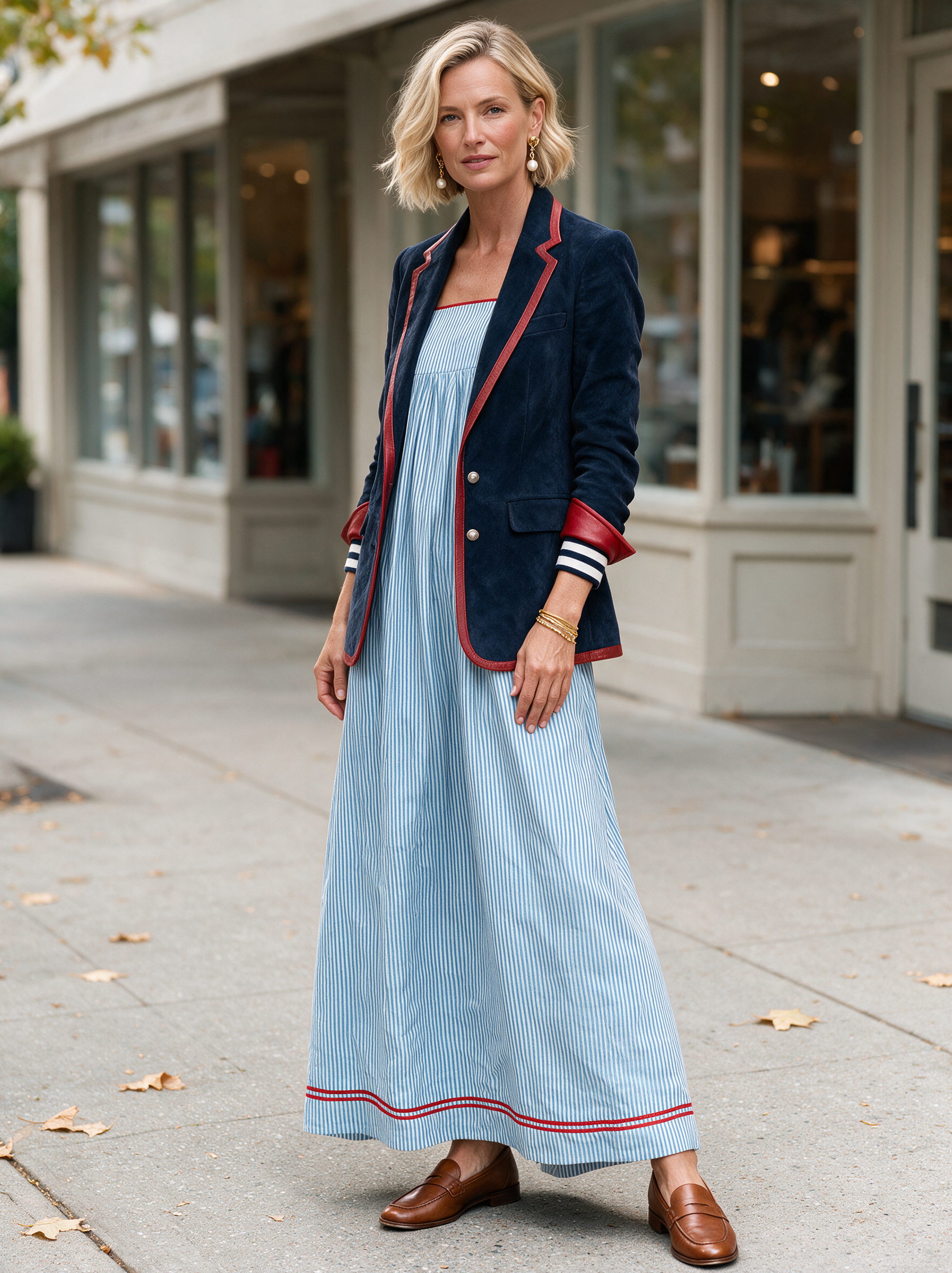Women's striped maxi dress with spaghetti straps and red trim detail